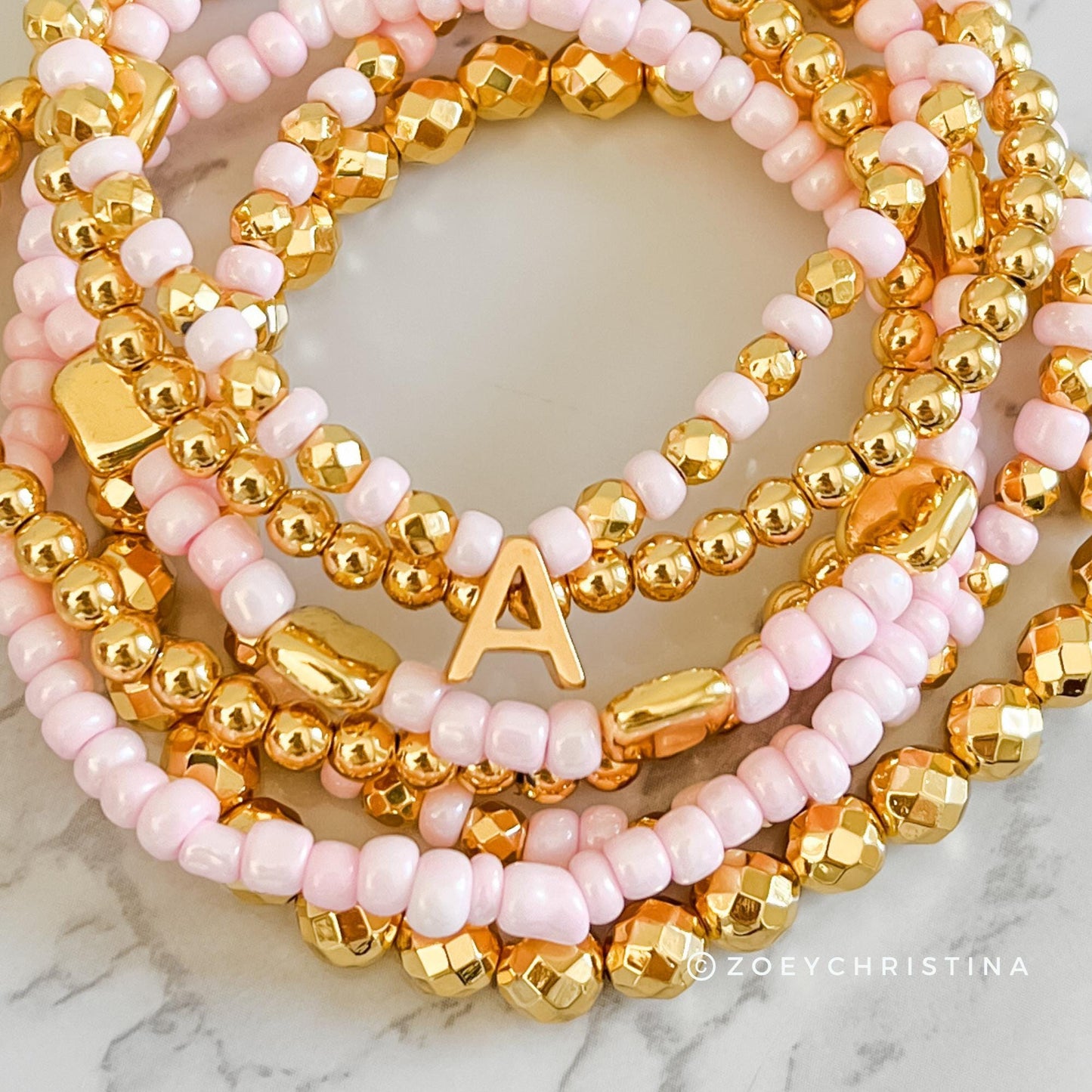 Best Friend Bracelet for 2 - Pink & Gold Stacking Bracelet Set - 6 or 7 Stack Bracelets with Optional Initial Charm