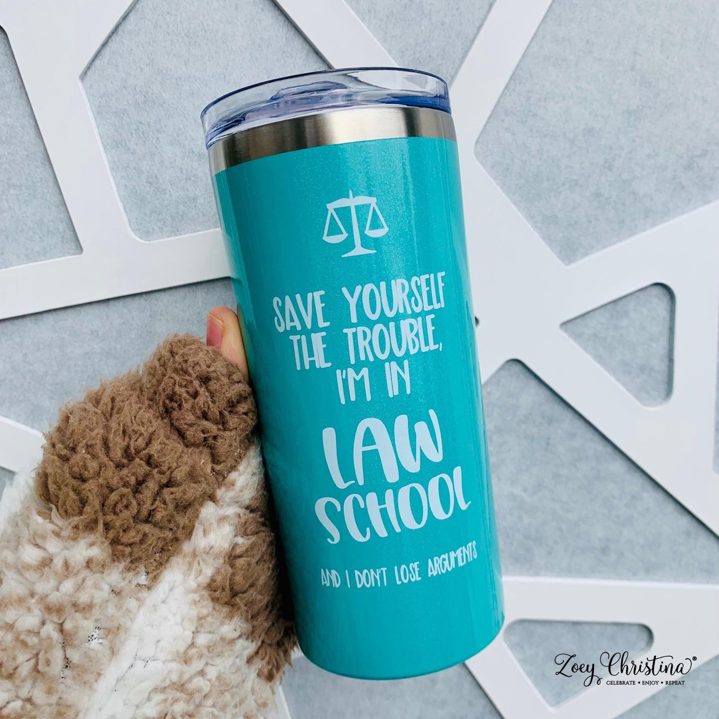 Funny Law Student Travel Mug: Iridescent Blue Stainless Steel, 16oz