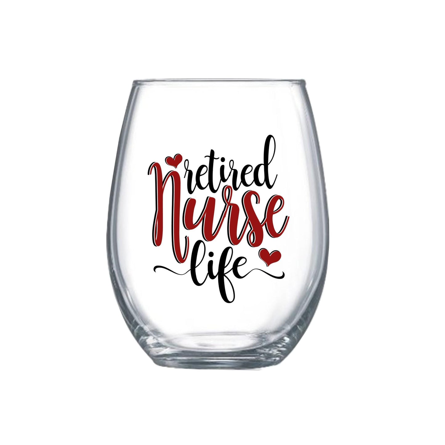 Retired Nurse Stemless Wine Glass: Red & Black Design - 18oz Retirement Gift