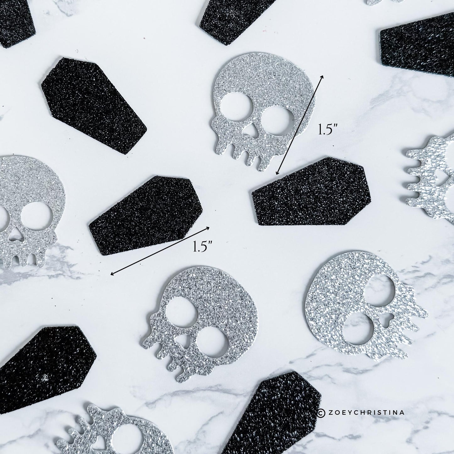100pc Skull or Coffin Glitter Confetti – Halloween Party Table Decor | 1.5&quot; Silver & Black | Spooky Bachelorette | Gothic Cardstock Cutouts
