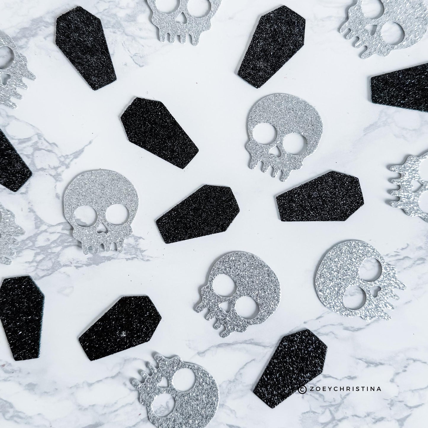 100pc Skull or Coffin Glitter Confetti – Halloween Party Table Decor | 1.5&quot; Silver & Black | Spooky Bachelorette | Gothic Cardstock Cutouts