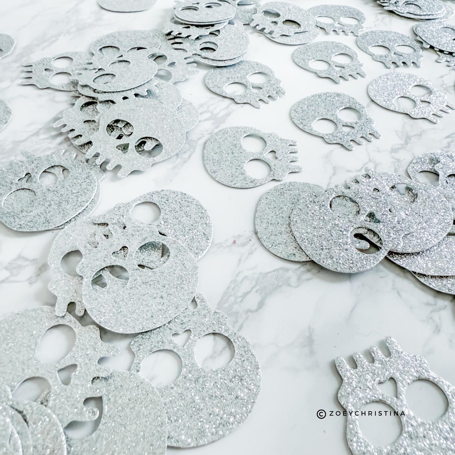 100pc Skull or Coffin Glitter Confetti – Halloween Party Table Decor | 1.5&quot; Silver & Black | Spooky Bachelorette | Gothic Cardstock Cutouts