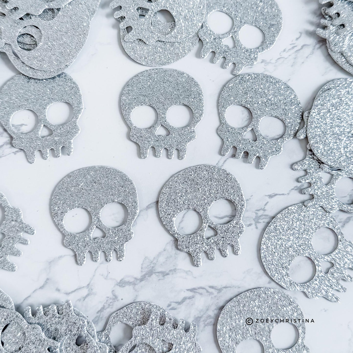 100pc Skull or Coffin Glitter Confetti – Halloween Party Table Decor | 1.5&quot; Silver & Black | Spooky Bachelorette | Gothic Cardstock Cutouts