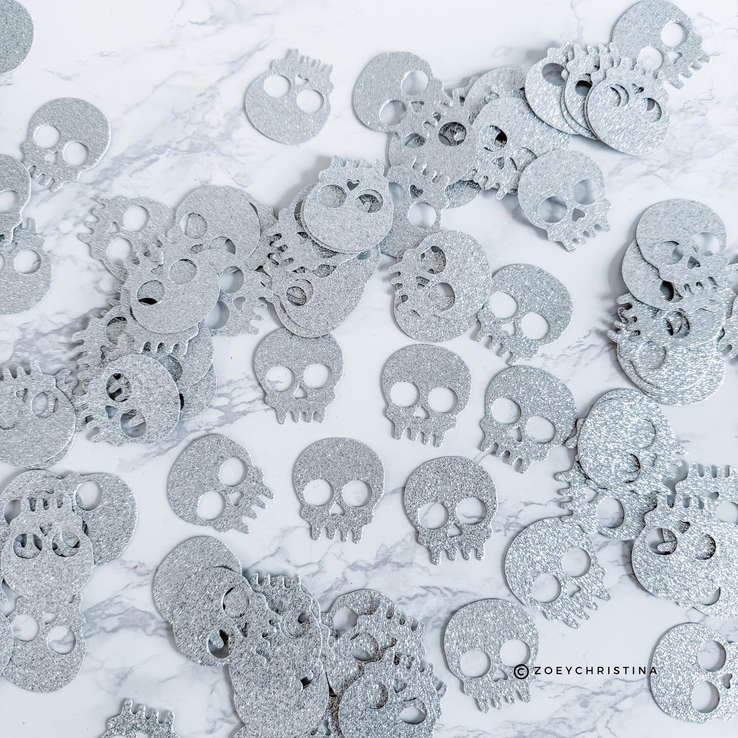 100pc Skull or Coffin Glitter Confetti – Halloween Party Table Decor | 1.5&quot; Silver & Black | Spooky Bachelorette | Gothic Cardstock Cutouts