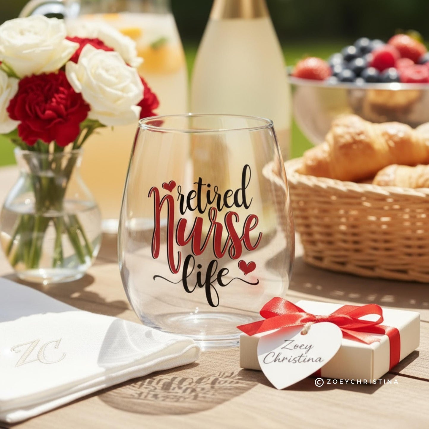 Retired Nurse Stemless Wine Glass: Red & Black Design - 18oz Retirement Gift