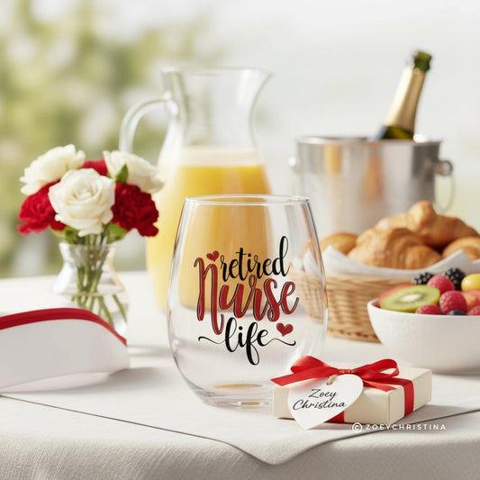 Retired Nurse Stemless Wine Glass: Red & Black Design - 18oz Retirement Gift