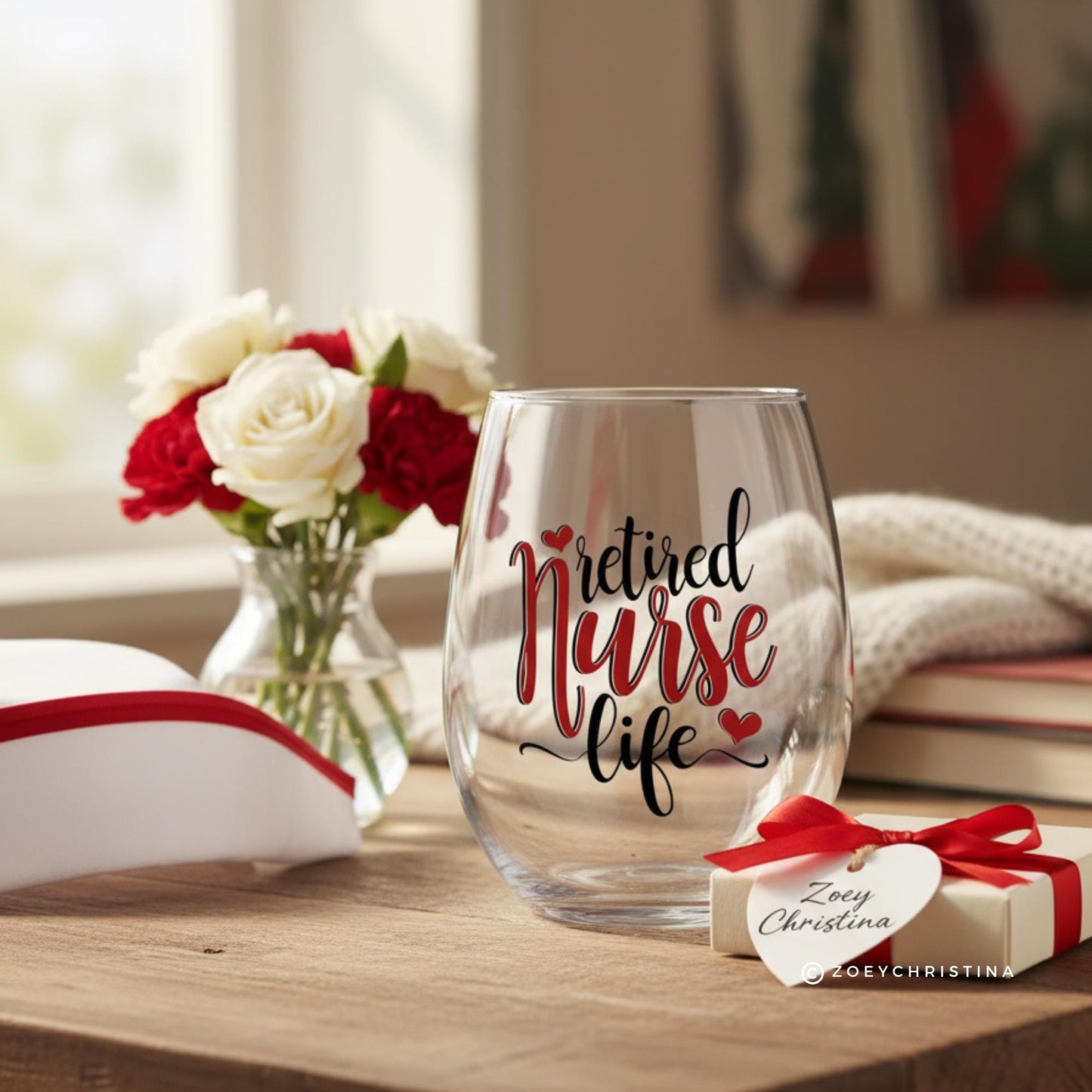 Retired Nurse Stemless Wine Glass: Red & Black Design - 18oz Retirement Gift