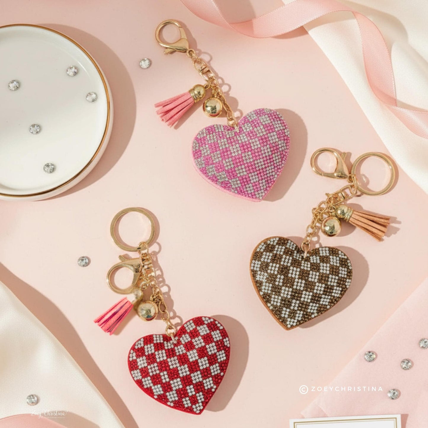 Rhinestone Heart Keychain: Sparkly Purse Charm with Tassel