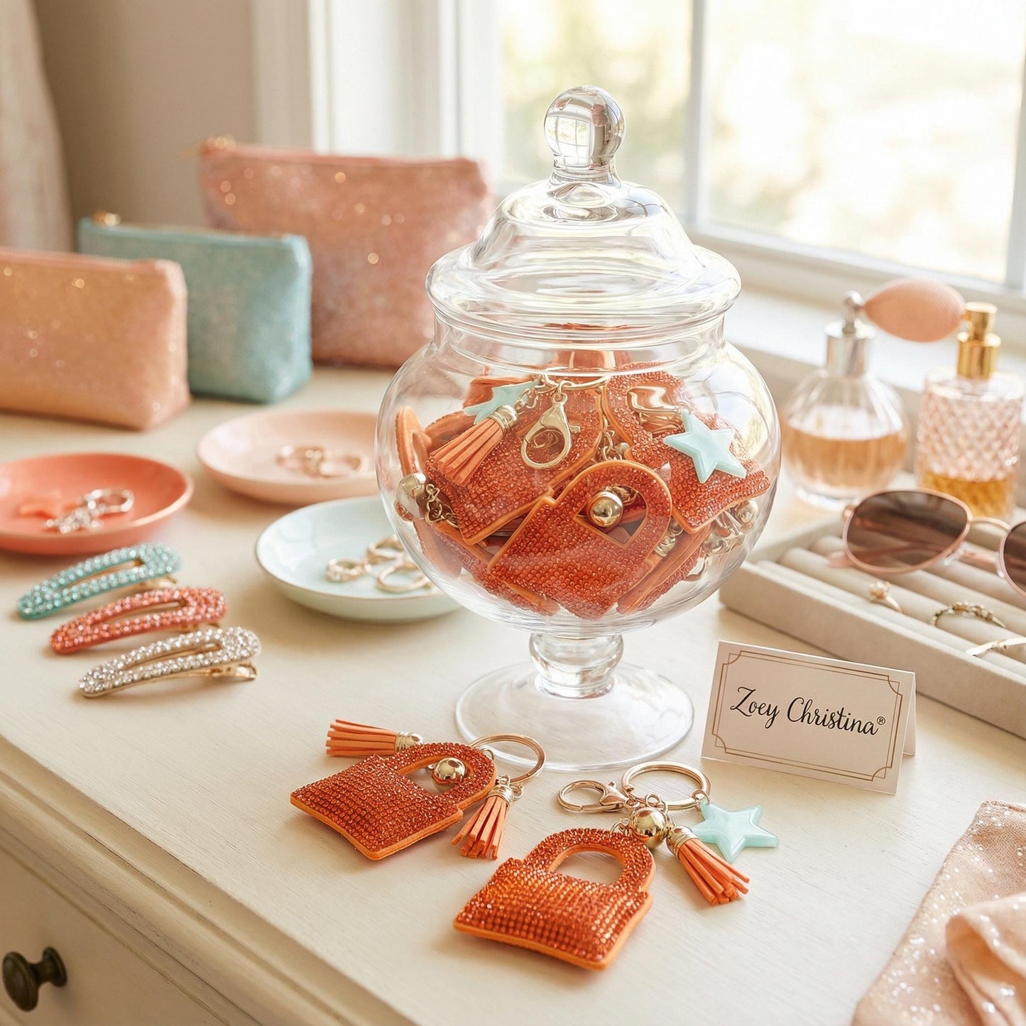 Orange Rhinestone Padlock Keychain: Sparkly Bag Charm gift