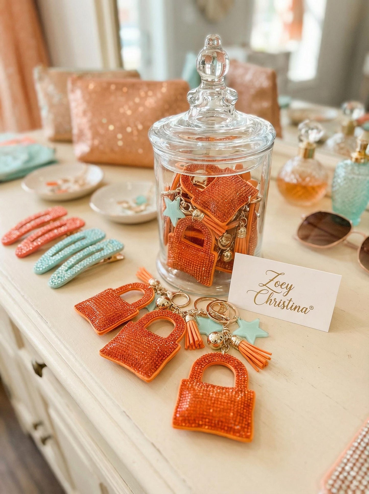 Orange Rhinestone Padlock Keychain: Sparkly Bag Charm gift