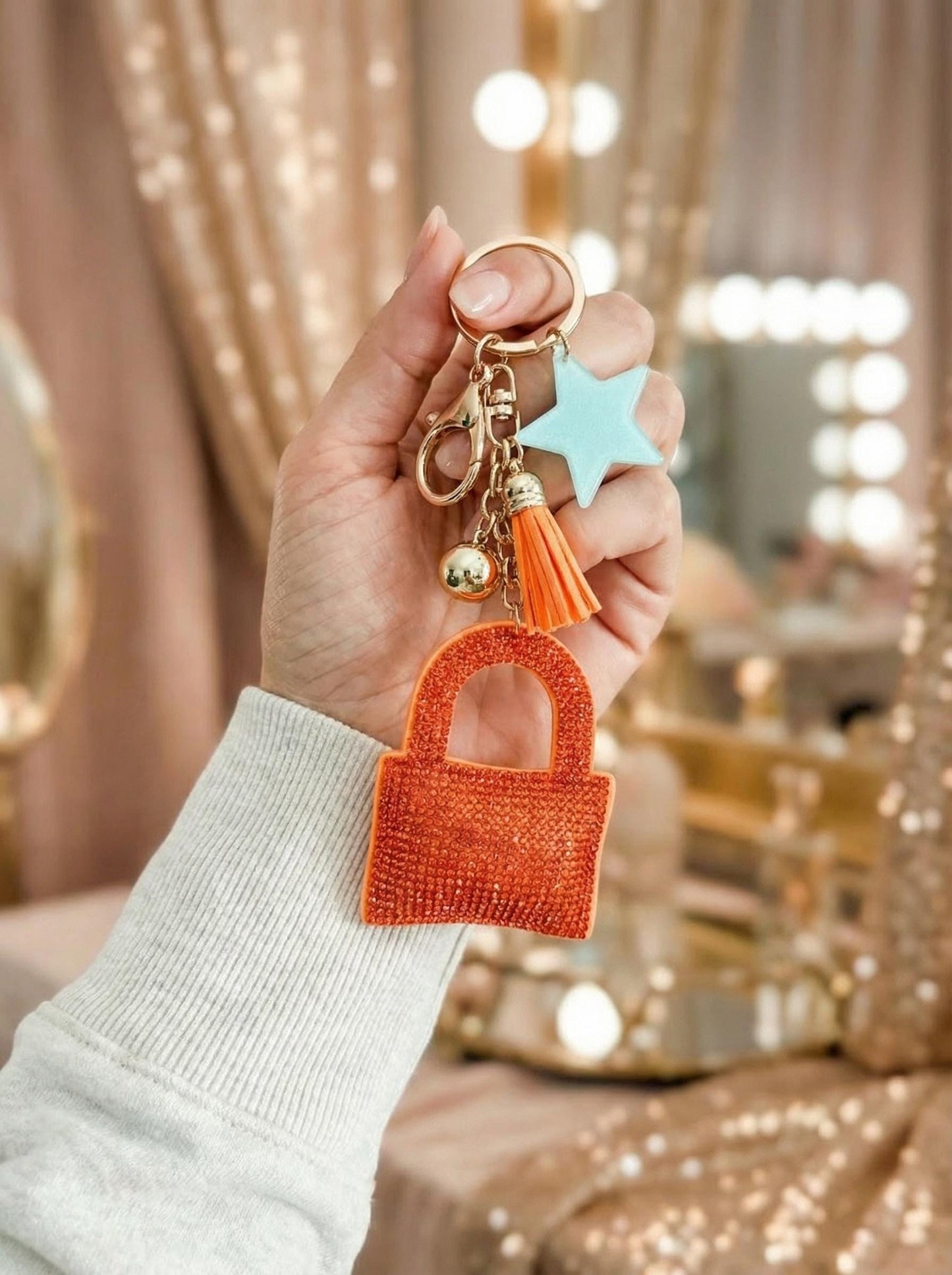 Orange Rhinestone Padlock Keychain: Sparkly Bag Charm gift