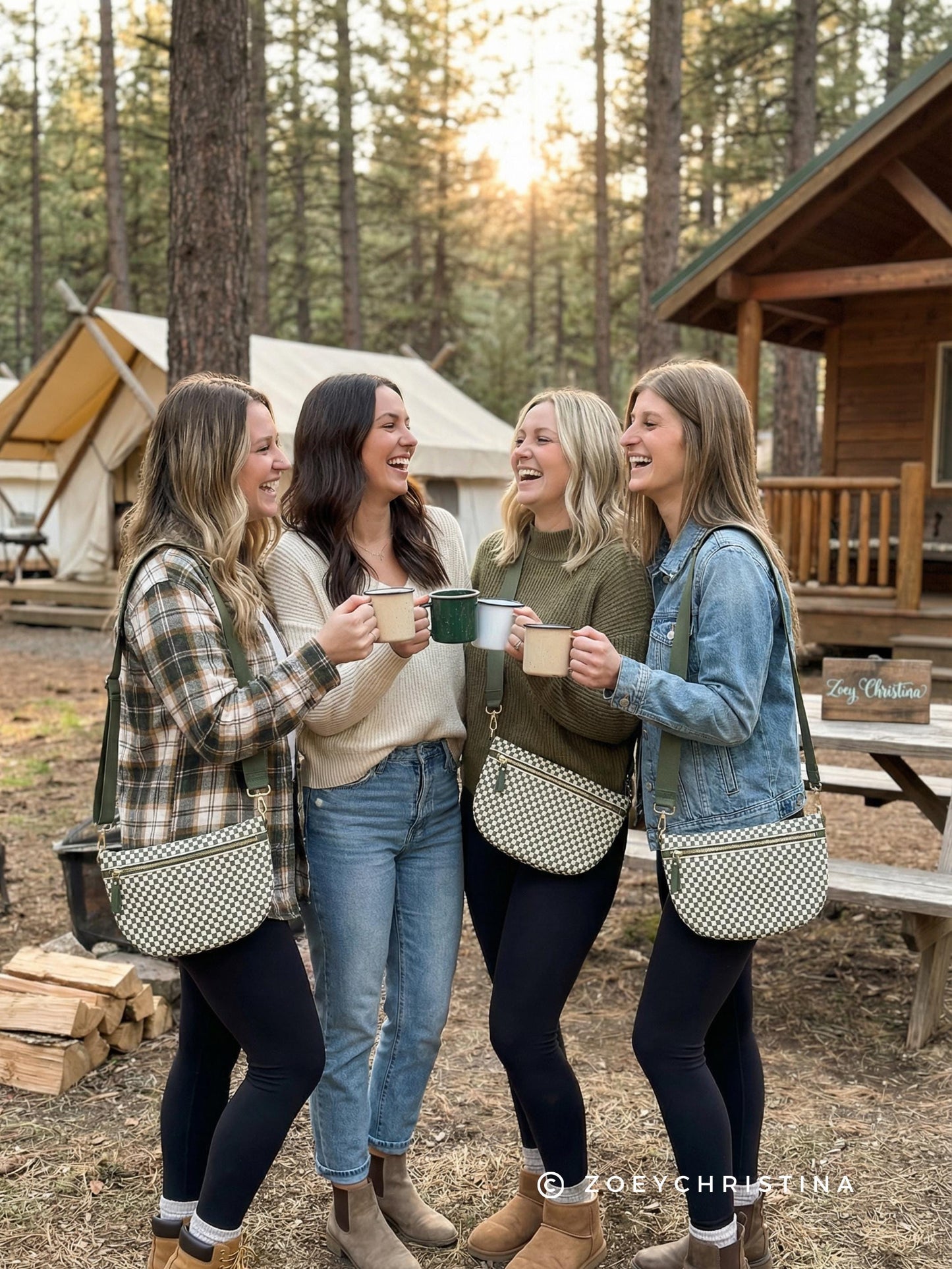 Camp Bachelorette Crossbody Bag: Olive Green Checker Crossbody Purse for Cabin Bach