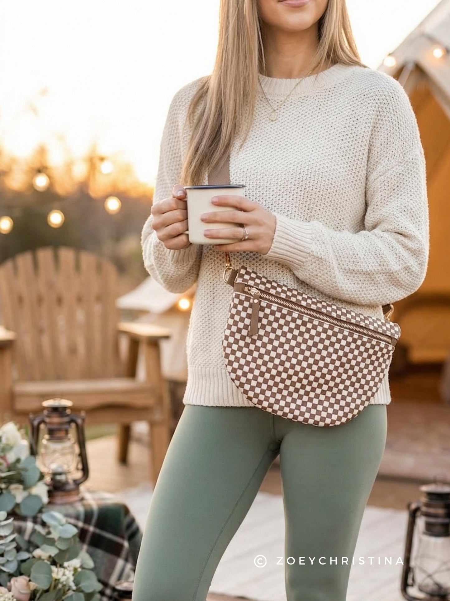 Camp Bachelorette Crossbody Bag: Olive Green Checker Crossbody Purse for Cabin Bach