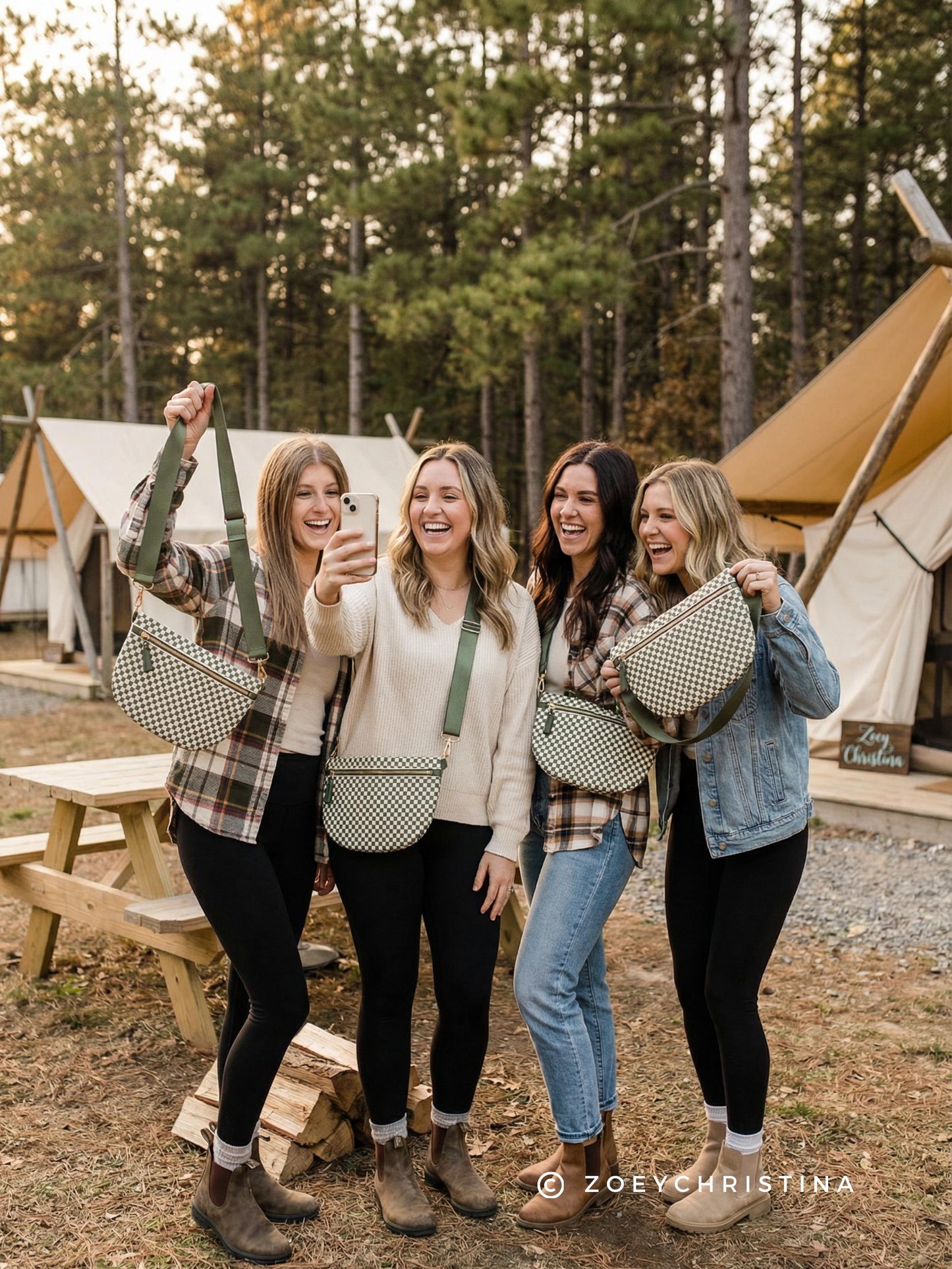 Camp Bachelorette Crossbody Bag: Olive Green Checker Crossbody Purse for Cabin Bach