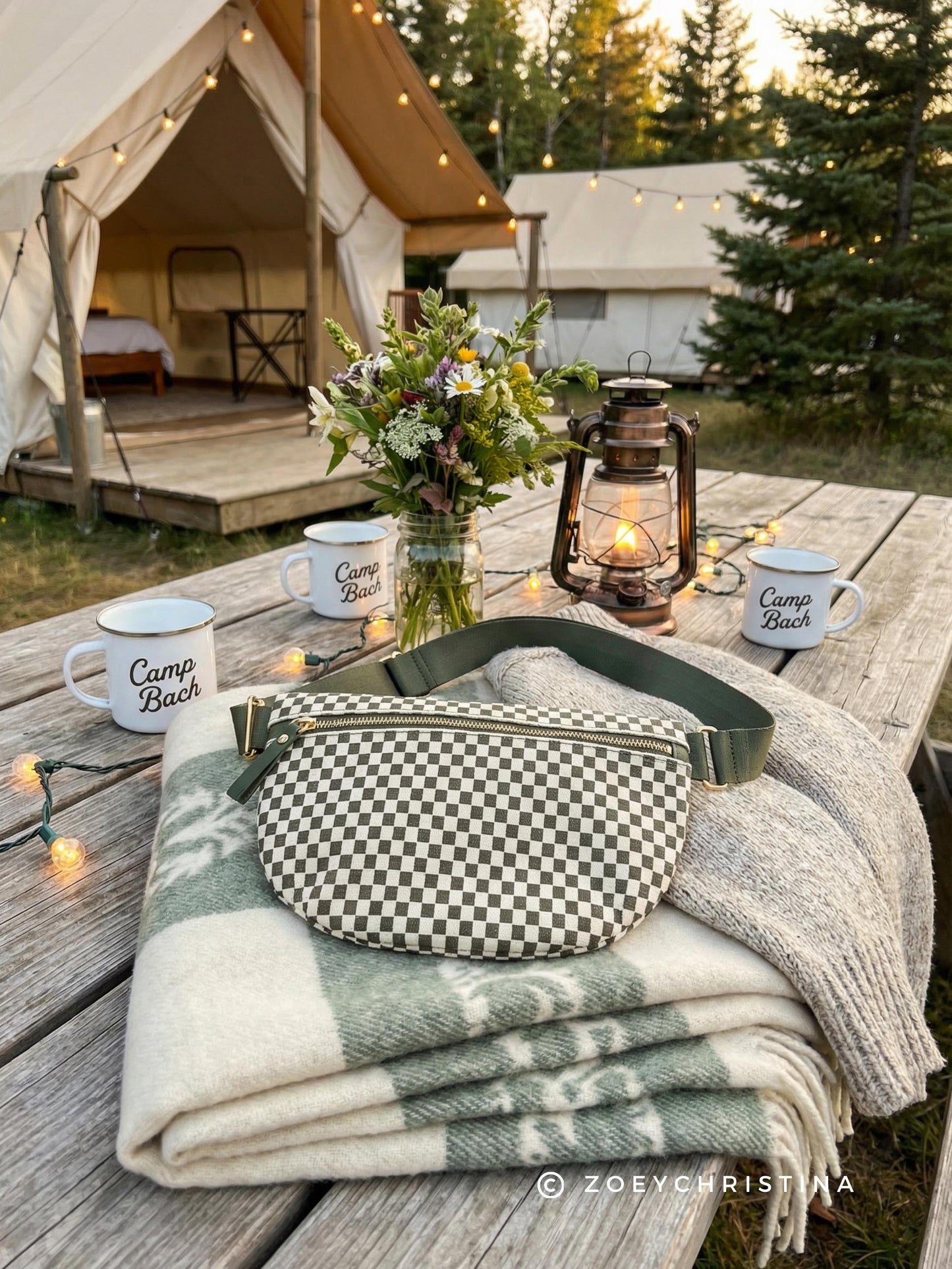 Camp Bachelorette Crossbody Bag: Olive Green Checker Crossbody Purse for Cabin Bach