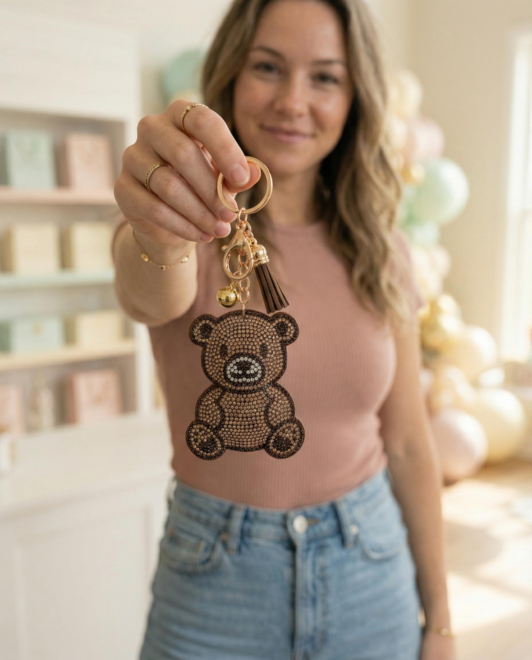 Rhinestone Teddy Bear Keychain: Sparkly Brown Bear Bag Charm with