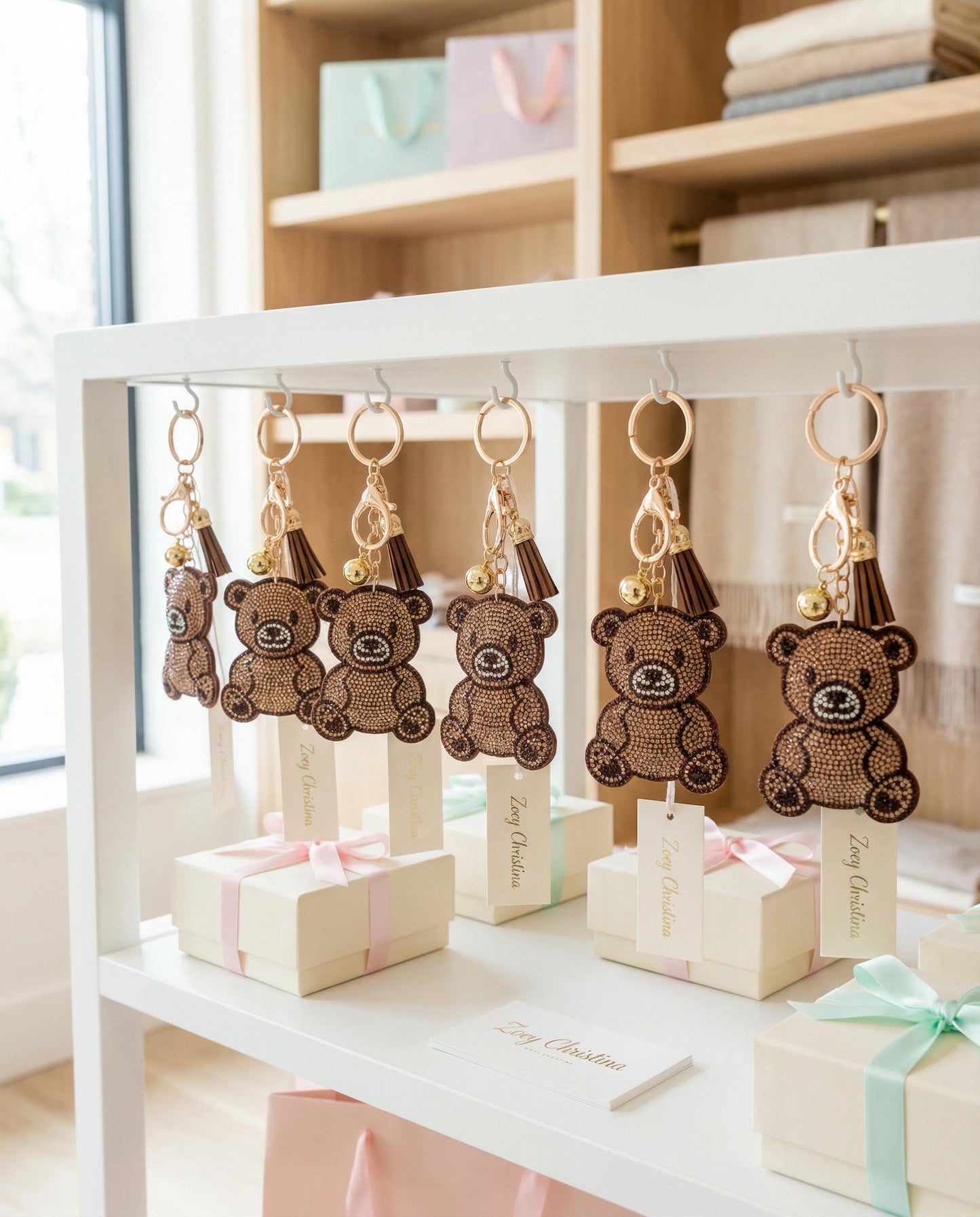 Rhinestone Teddy Bear Keychain: Sparkly Brown Bear Bag Charm with Tassel