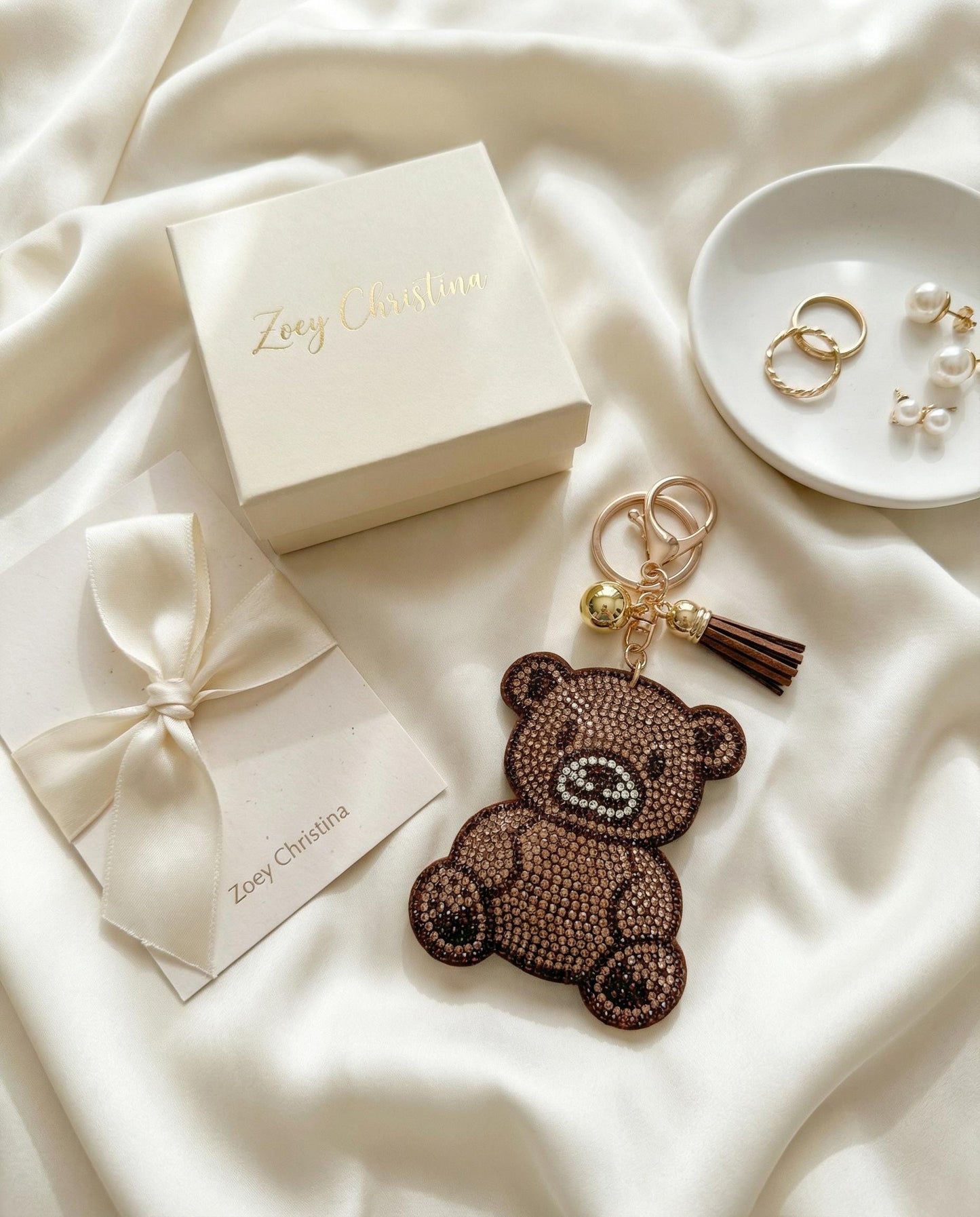 Rhinestone Teddy Bear Keychain: Sparkly Brown Bear Bag Charm with Tassel