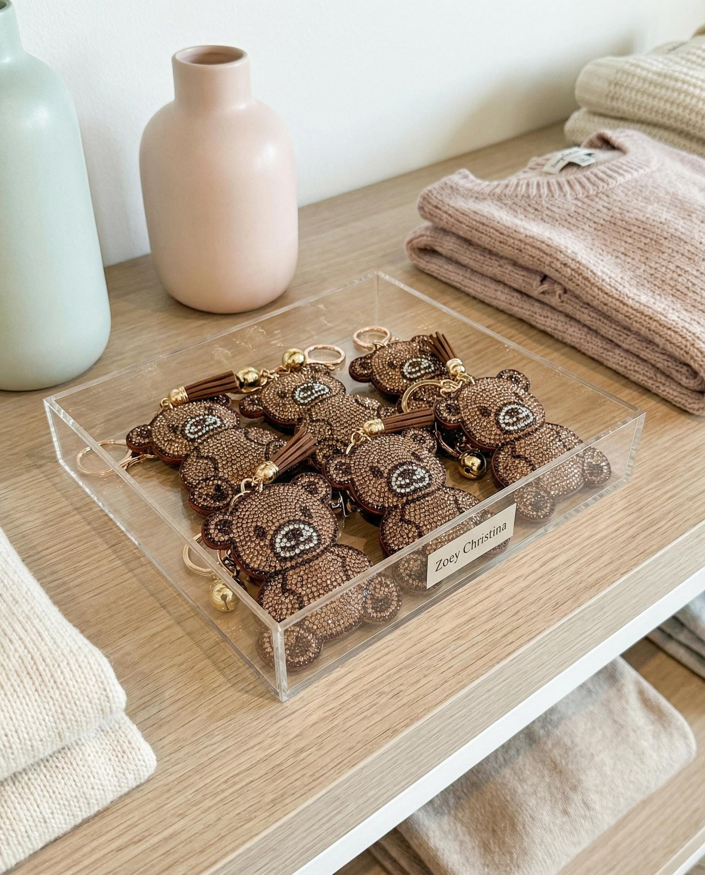 Rhinestone Teddy Bear Keychain: Sparkly Brown Bear Bag Charm with Tassel