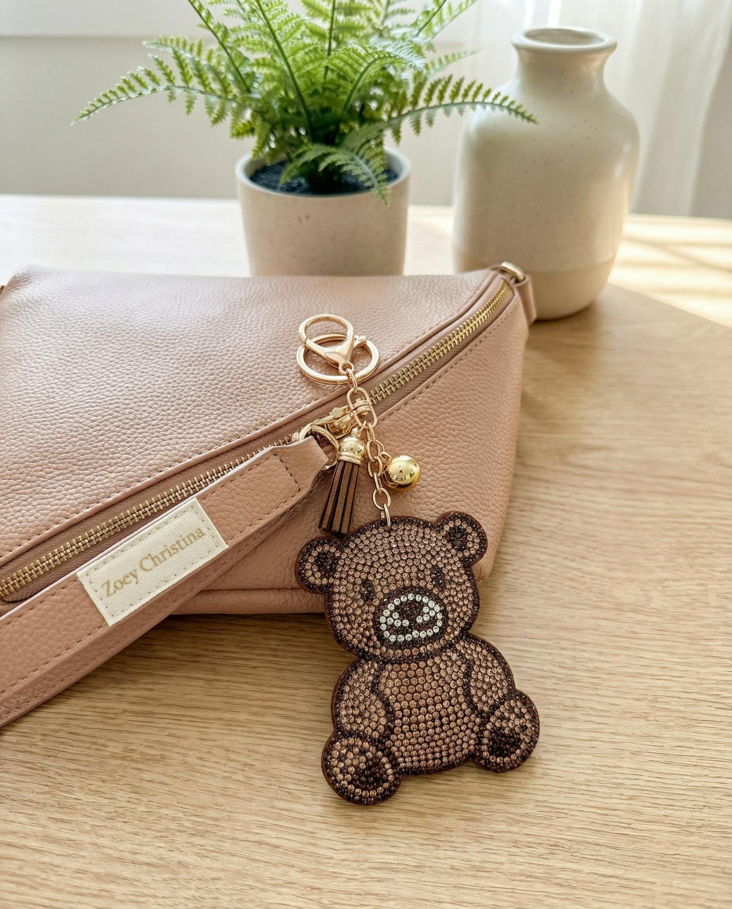 Rhinestone Teddy Bear Keychain: Sparkly Brown Bear Bag Charm with Tassel