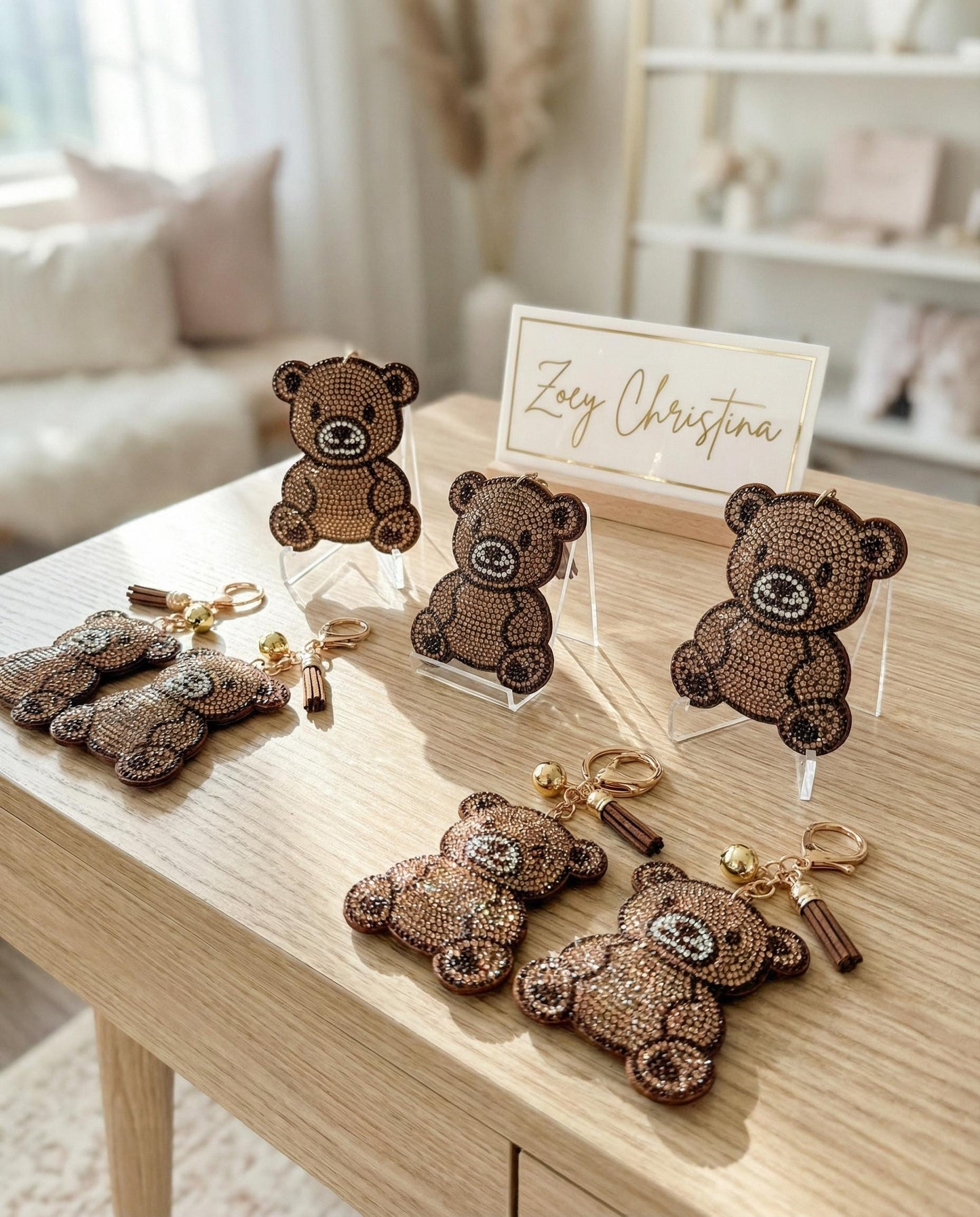 Rhinestone Teddy Bear Keychain: Sparkly Brown Bear Bag Charm with Tassel