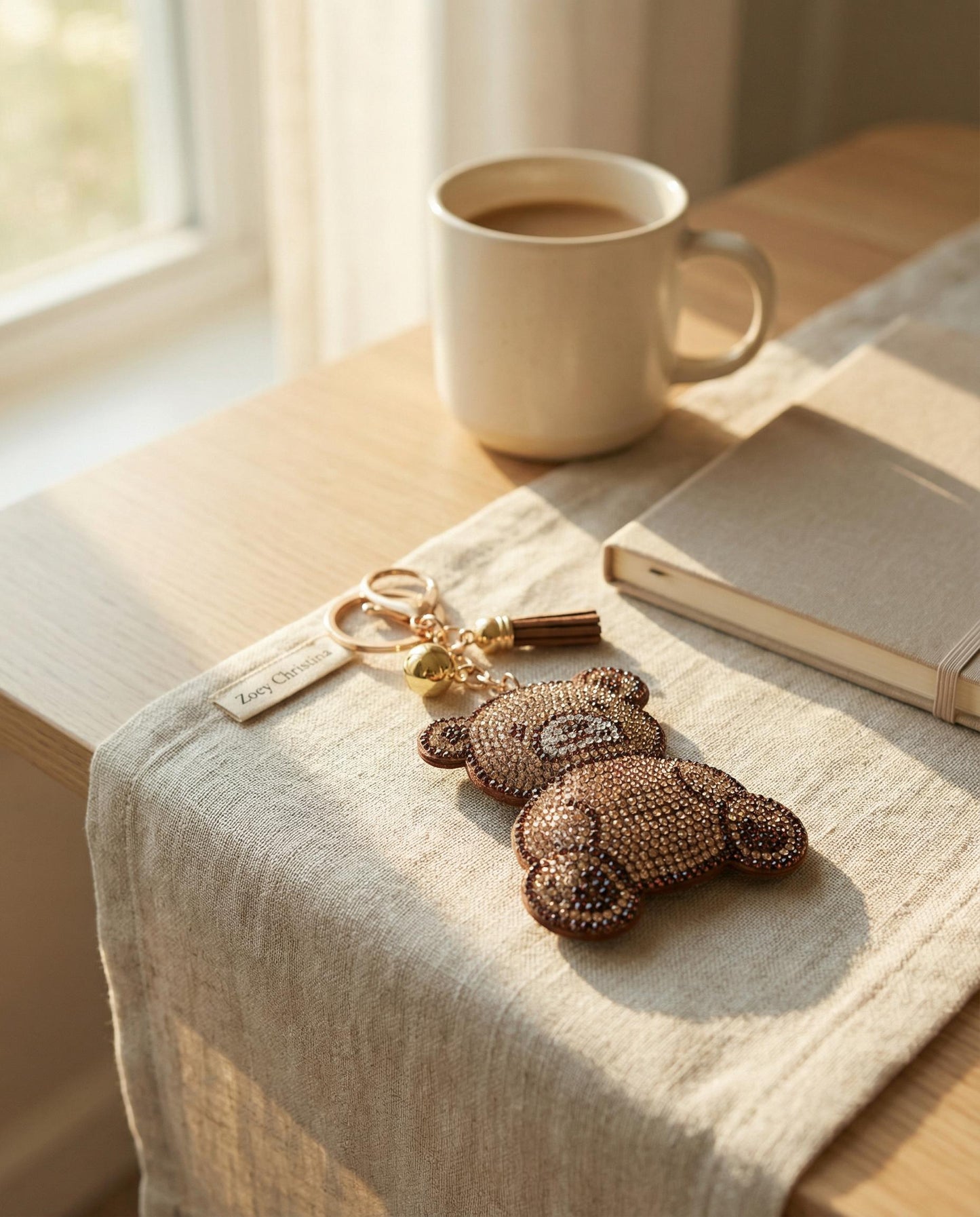 Rhinestone Teddy Bear Keychain: Sparkly Brown Bear Bag Charm with Tassel