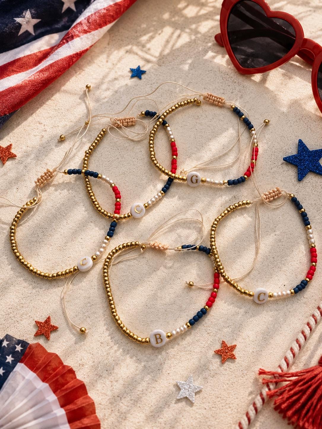 Patriotic Initial Bracelet: 4th of July Summer Jewelry Gift, America 250th Celebration