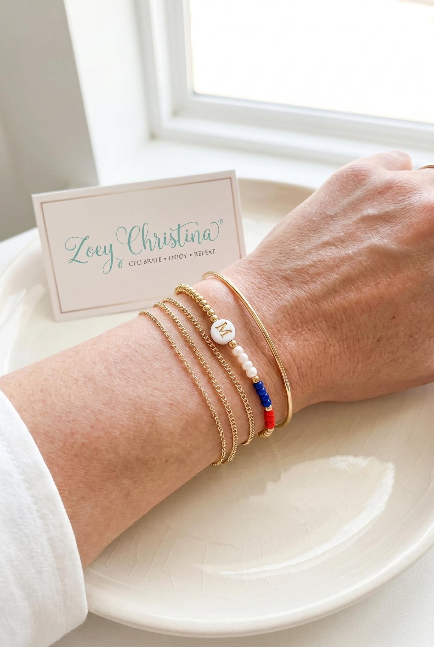 Patriotic Initial Bracelet: 4th of July Summer Jewelry Gift, America 250th Celebration