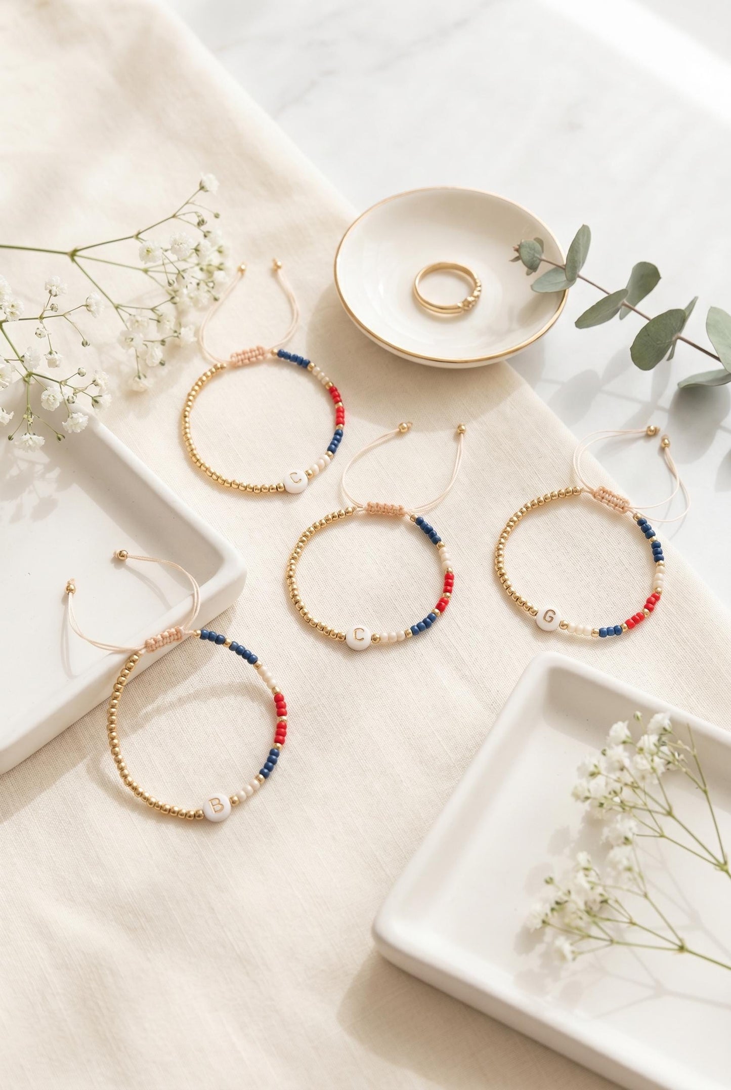 Patriotic Initial Bracelet: 4th of July Summer Jewelry Gift, America 250th Celebration