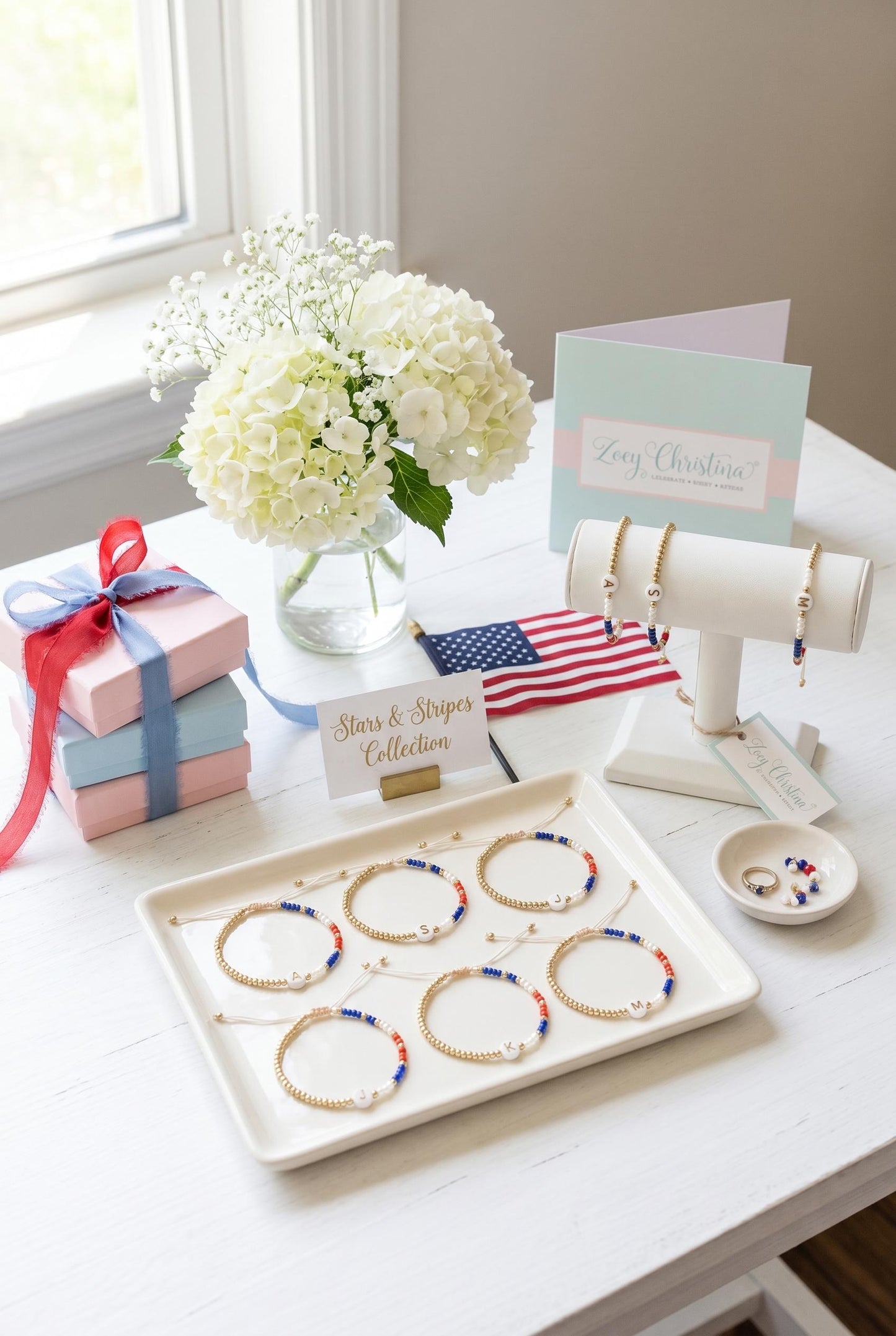 Patriotic Initial Bracelet: 4th of July Summer Jewelry Gift, America 250th Celebration