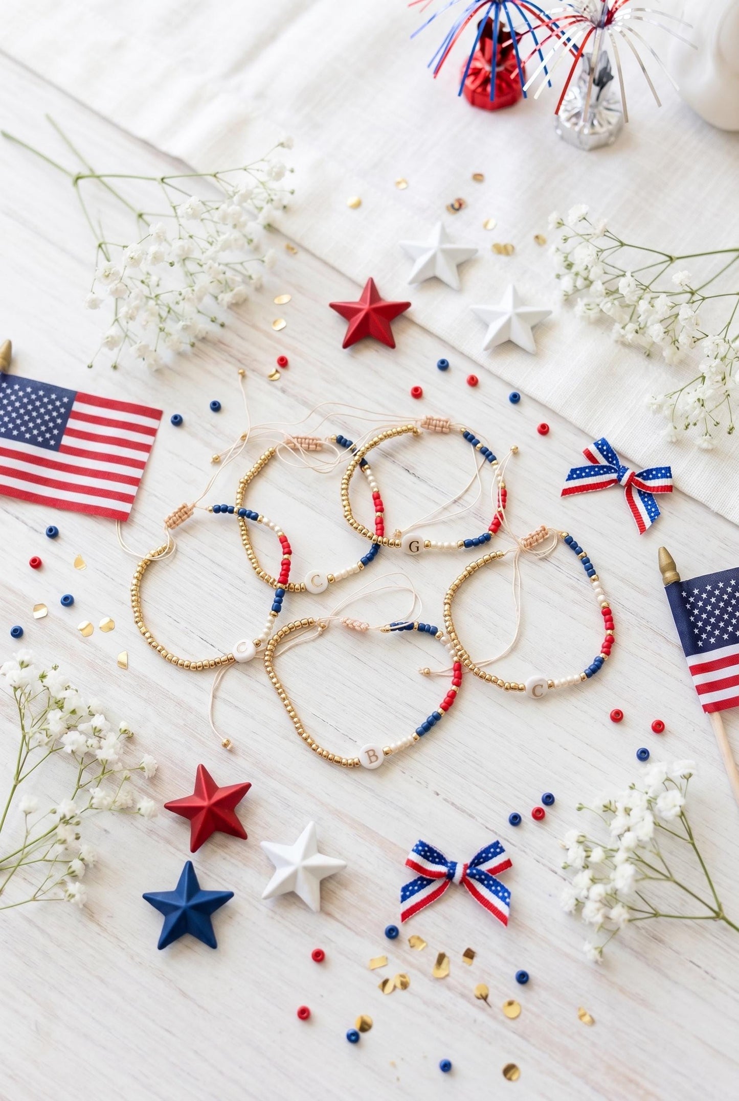 Patriotic Initial Bracelet: 4th of July Summer Jewelry Gift, America 250th Celebration