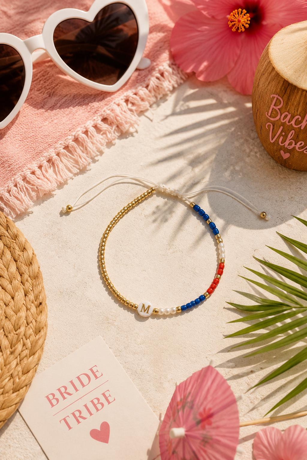 Patriotic Initial Bracelet: 4th of July Summer Jewelry Gift, America 250th Celebration