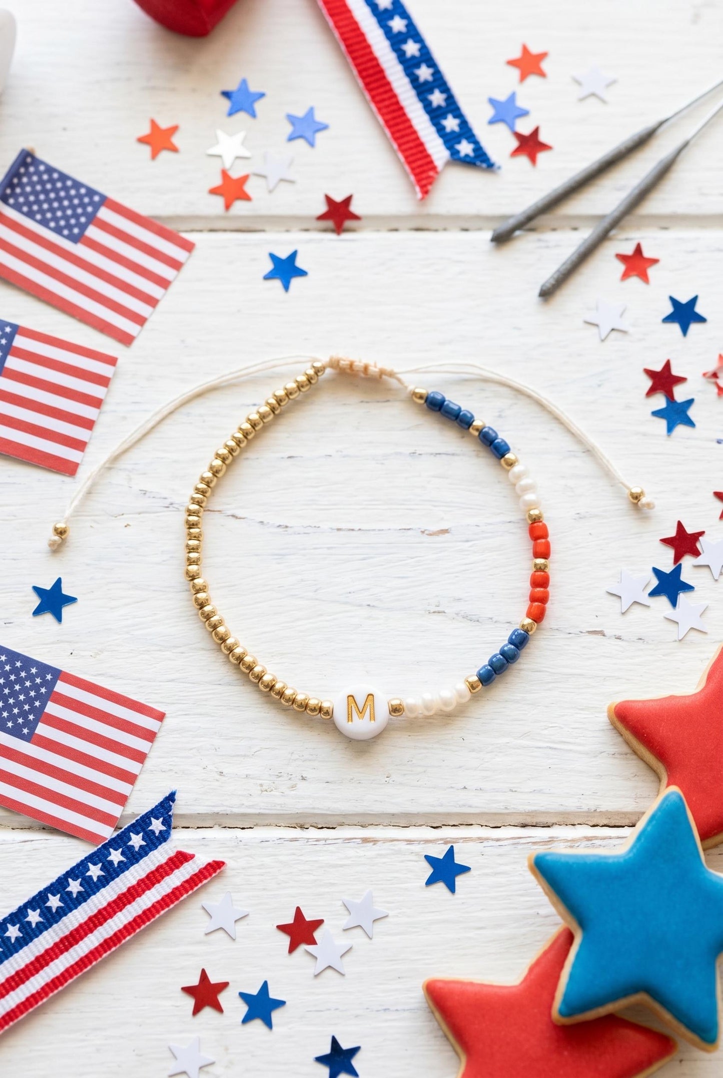 Patriotic Initial Bracelet: 4th of July Summer Jewelry Gift, America 250th Celebration