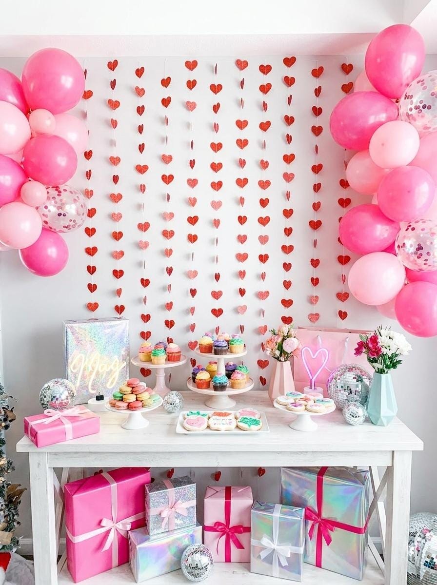 Red Glitter Heart Garland Backdrop: Bridal Shower, Photo Booth Decor (12 Strips)