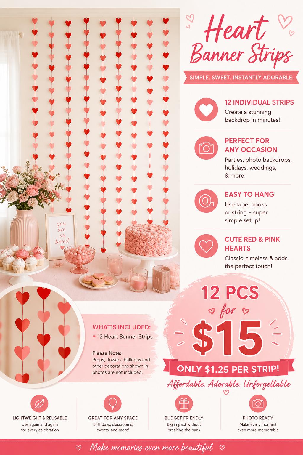 Red Glitter Heart Garland Backdrop: Bridal Shower, Photo Booth Decor (12 Strips)