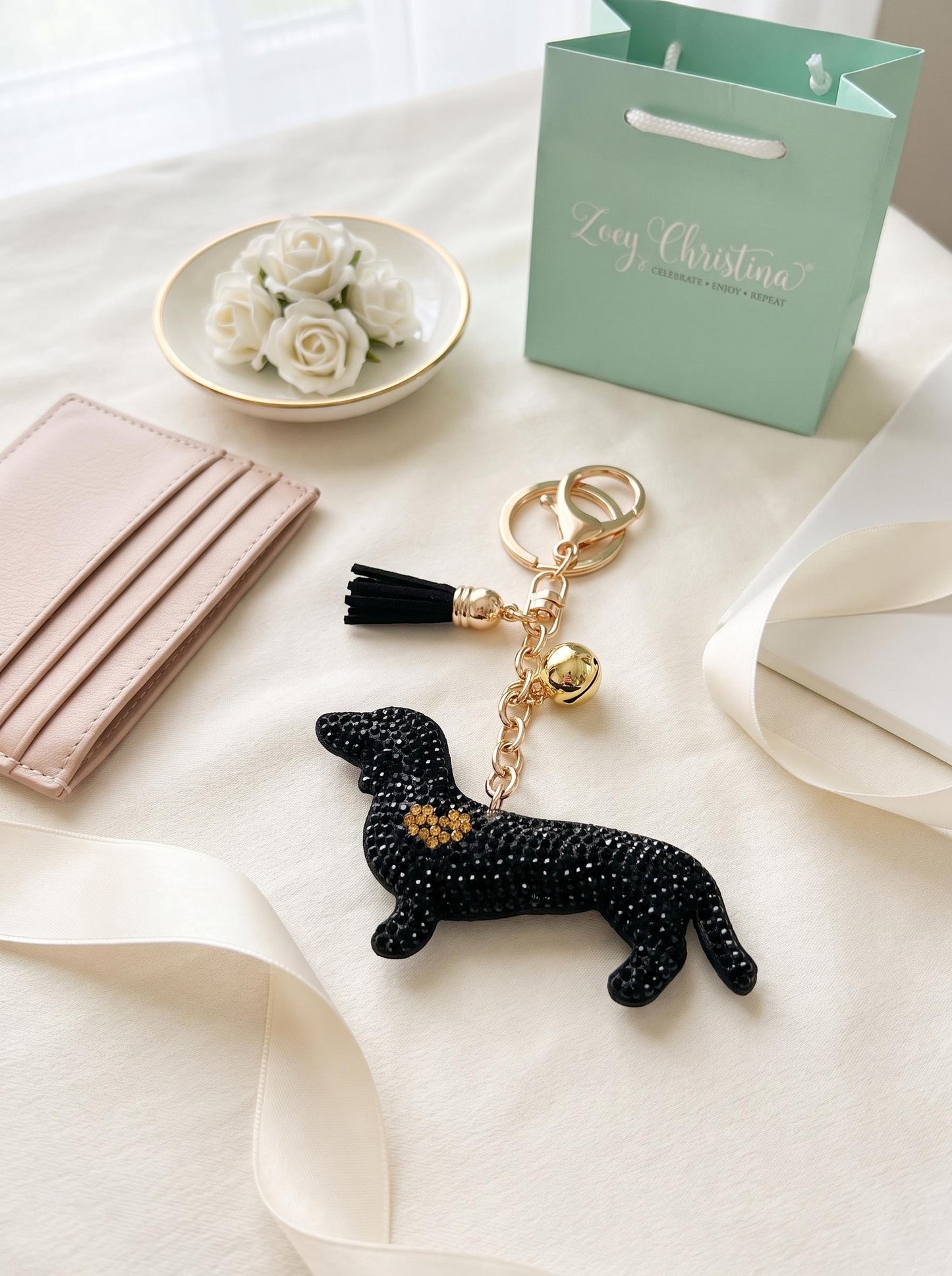 Dachshund Keychain:  Doxie Mom Gift, Sparkly Sausage Dog Bag Charm