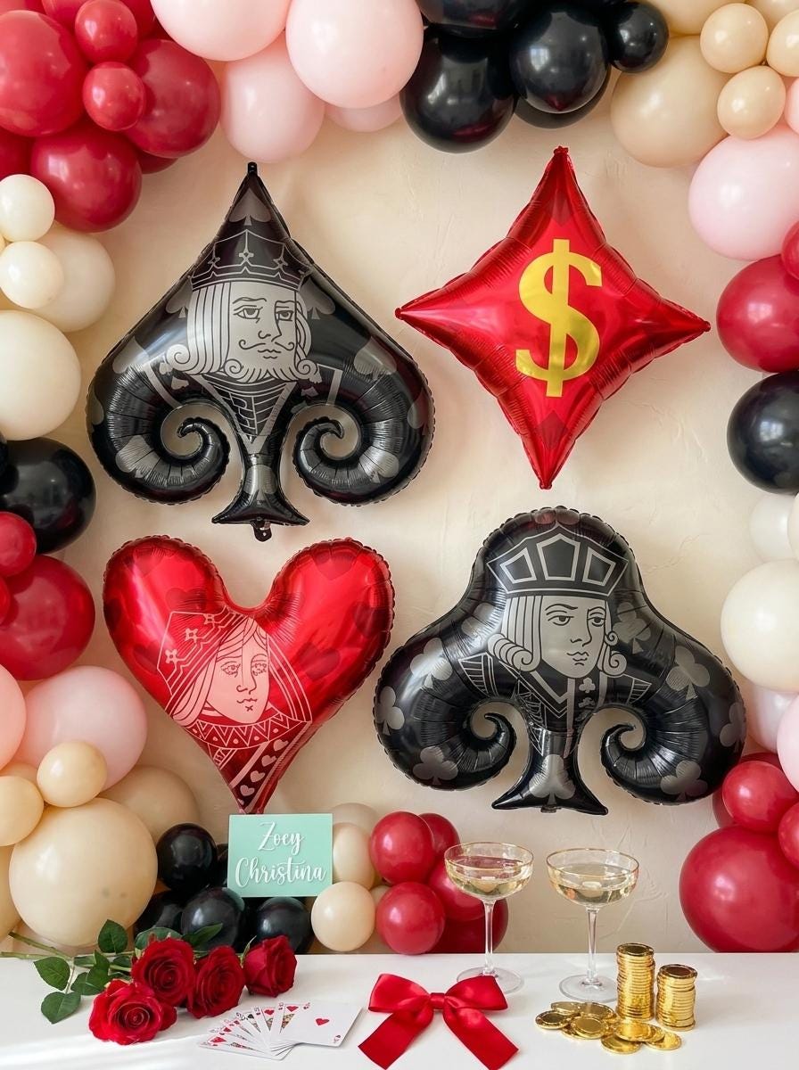 Playing Card Foil Balloon Set of 4: Lucky in Love Bachelorette Decor, Casino Night & Vegas Bridal Shower Party