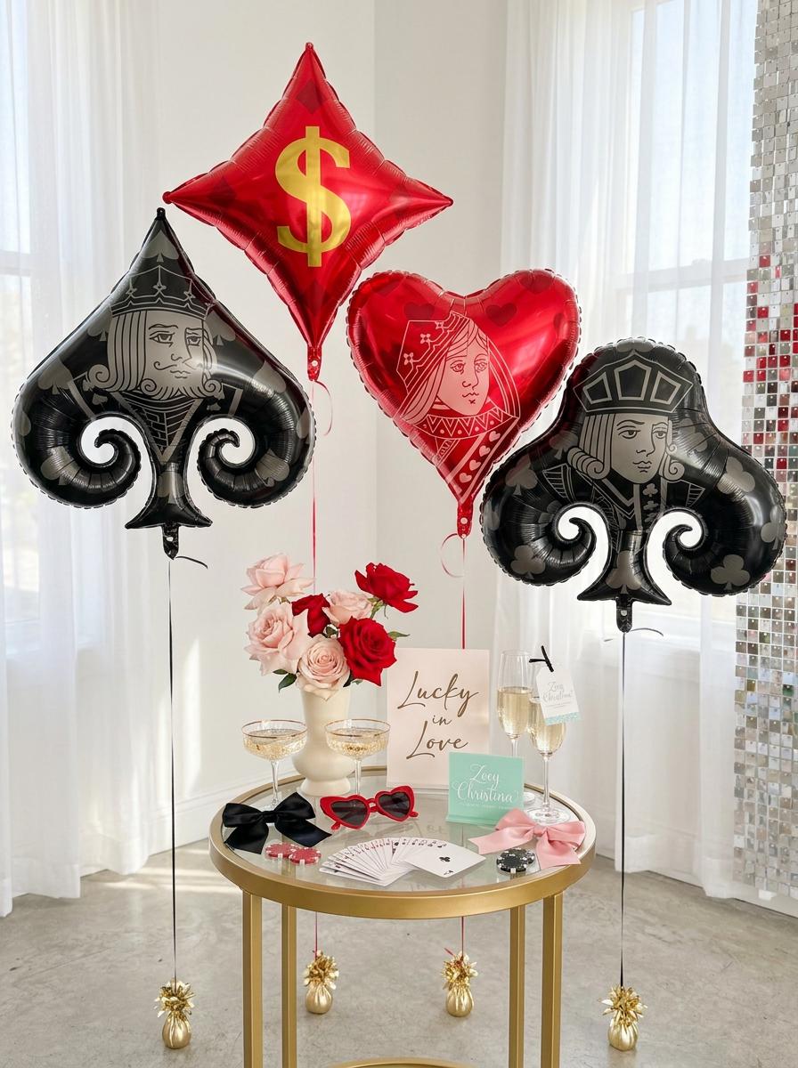 Playing Card Foil Balloon Set of 4: Lucky in Love Bachelorette Decor, Casino Night & Vegas Bridal Shower Party