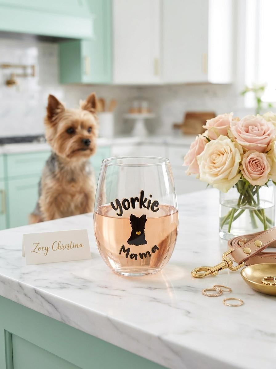 Yorkie Mama 18 oz Stemless Wine Glass, Yorkshire Terrier Design