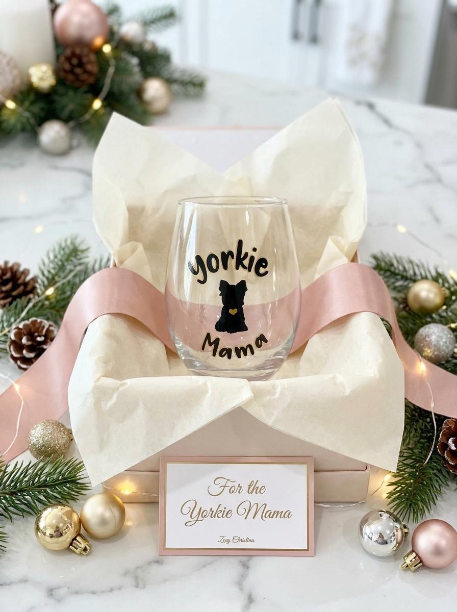 Yorkie Mama 18 oz Stemless Wine Glass, Yorkshire Terrier Design