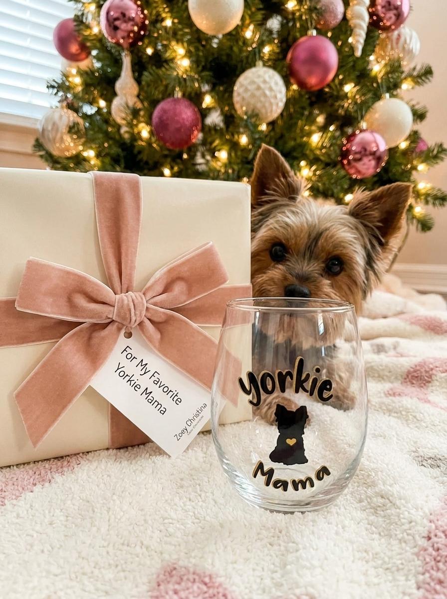 Yorkie Mama 18 oz Stemless Wine Glass, Yorkshire Terrier Design