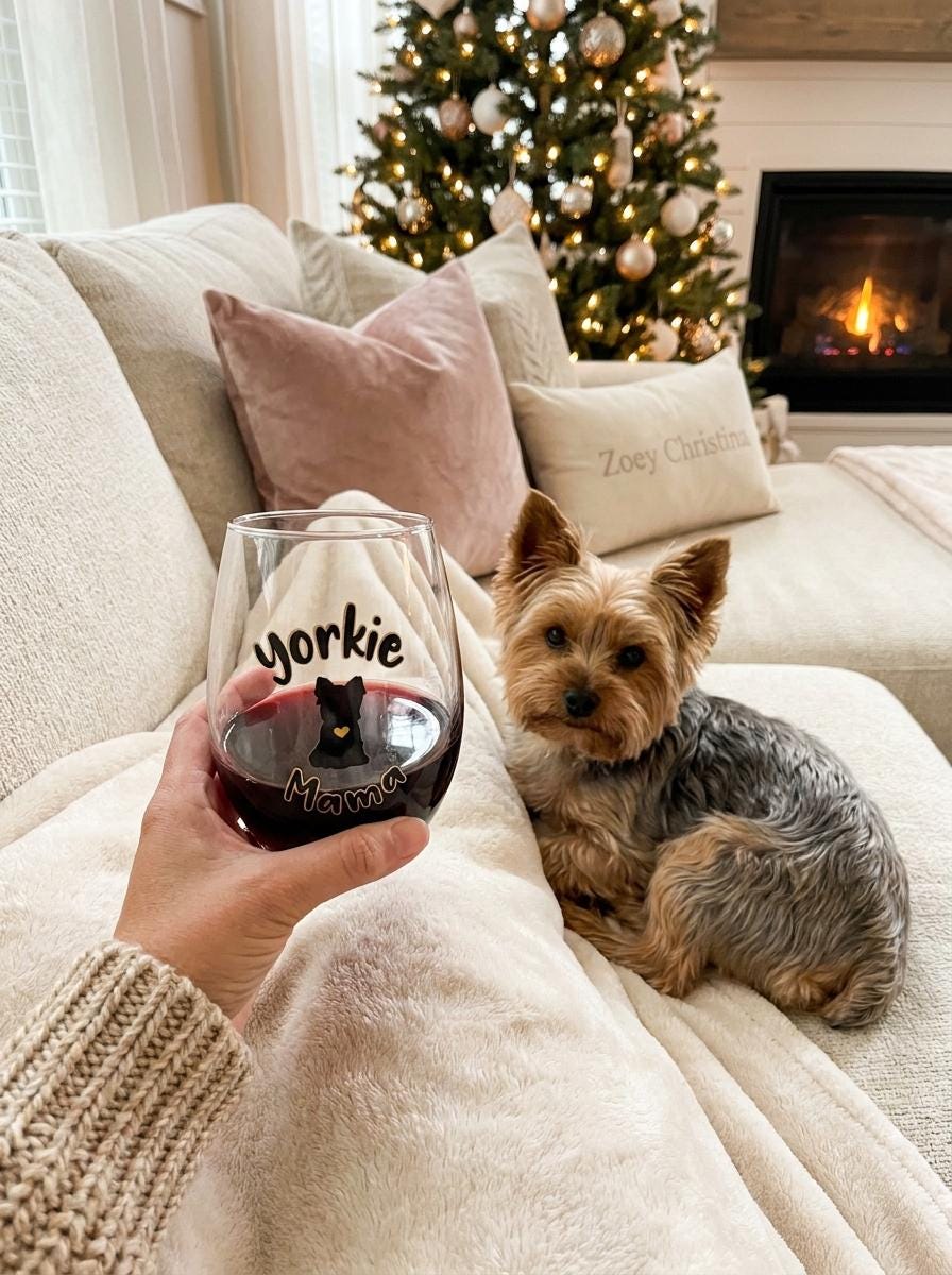 Yorkie Mama 18 oz Stemless Wine Glass, Yorkshire Terrier Design