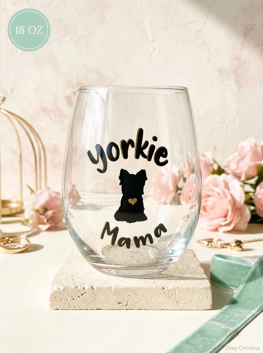 Yorkie Mama 18 oz Stemless Wine Glass, Yorkshire Terrier Design