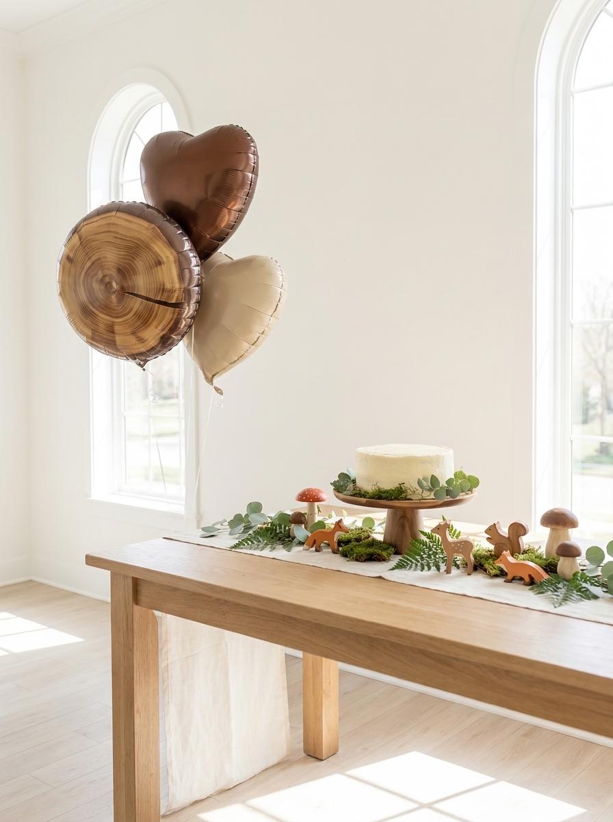 Woodland Balloon Bouquet: Tree Log Balloon, Brown Heart Balloons, Woodland First Birthday