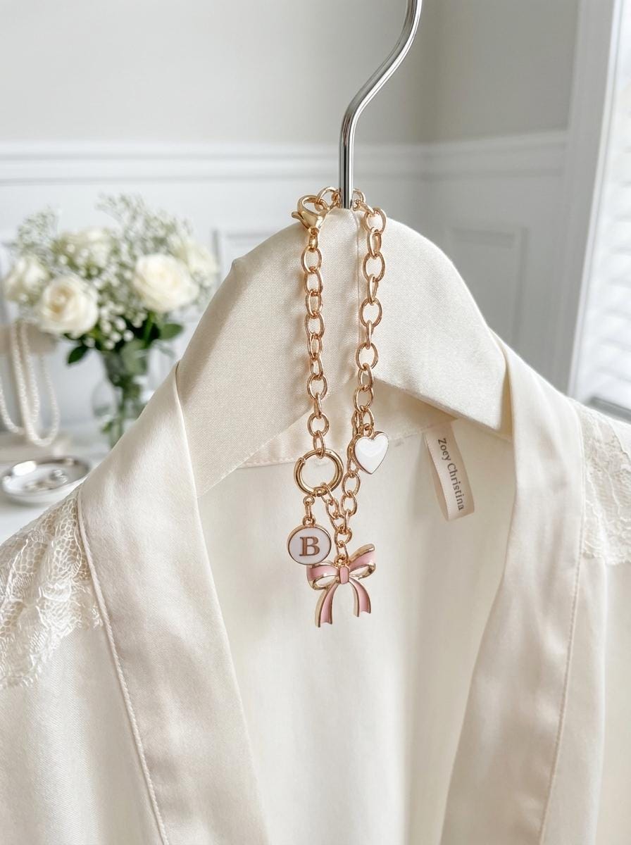 Pink Bow Initial Bag Charm, Gold-Tone Clip-On Personalized Keychain With Heart Accent