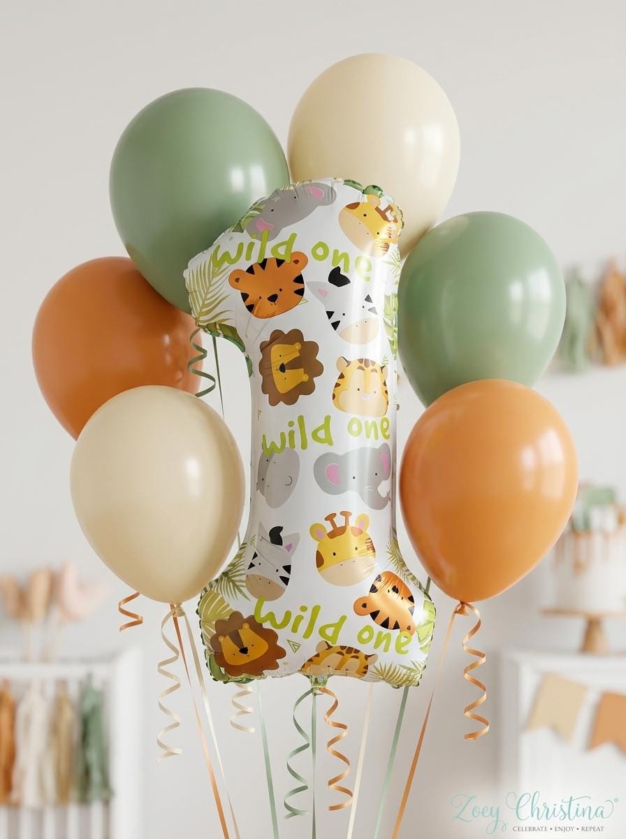 Wild One Balloon Bouquet Kit: Safari First Birthday Balloons, Jungle 1st Birthday Party Decorations