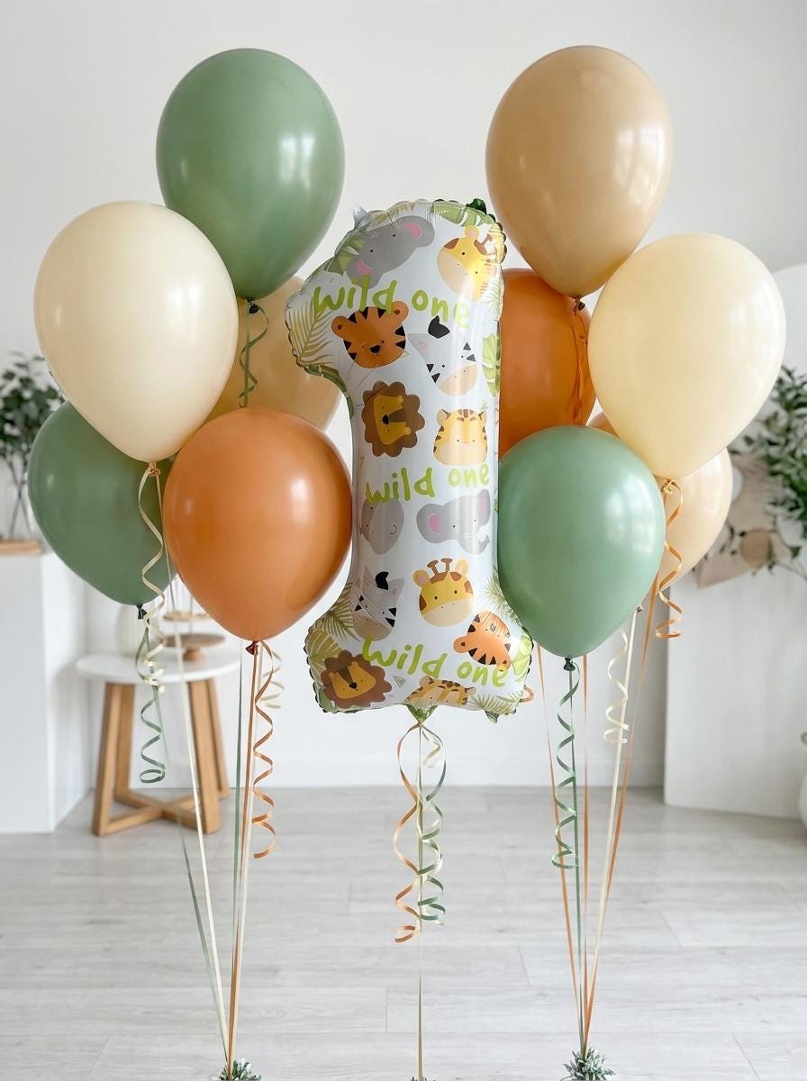 Wild One Balloon Bouquet Kit: Safari First Birthday Balloons, Jungle 1st Birthday Party Decorations