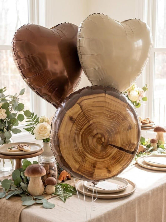 Woodland Balloon Bouquet: Tree Log Balloon, Brown Heart Balloons, Woodland First Birthday