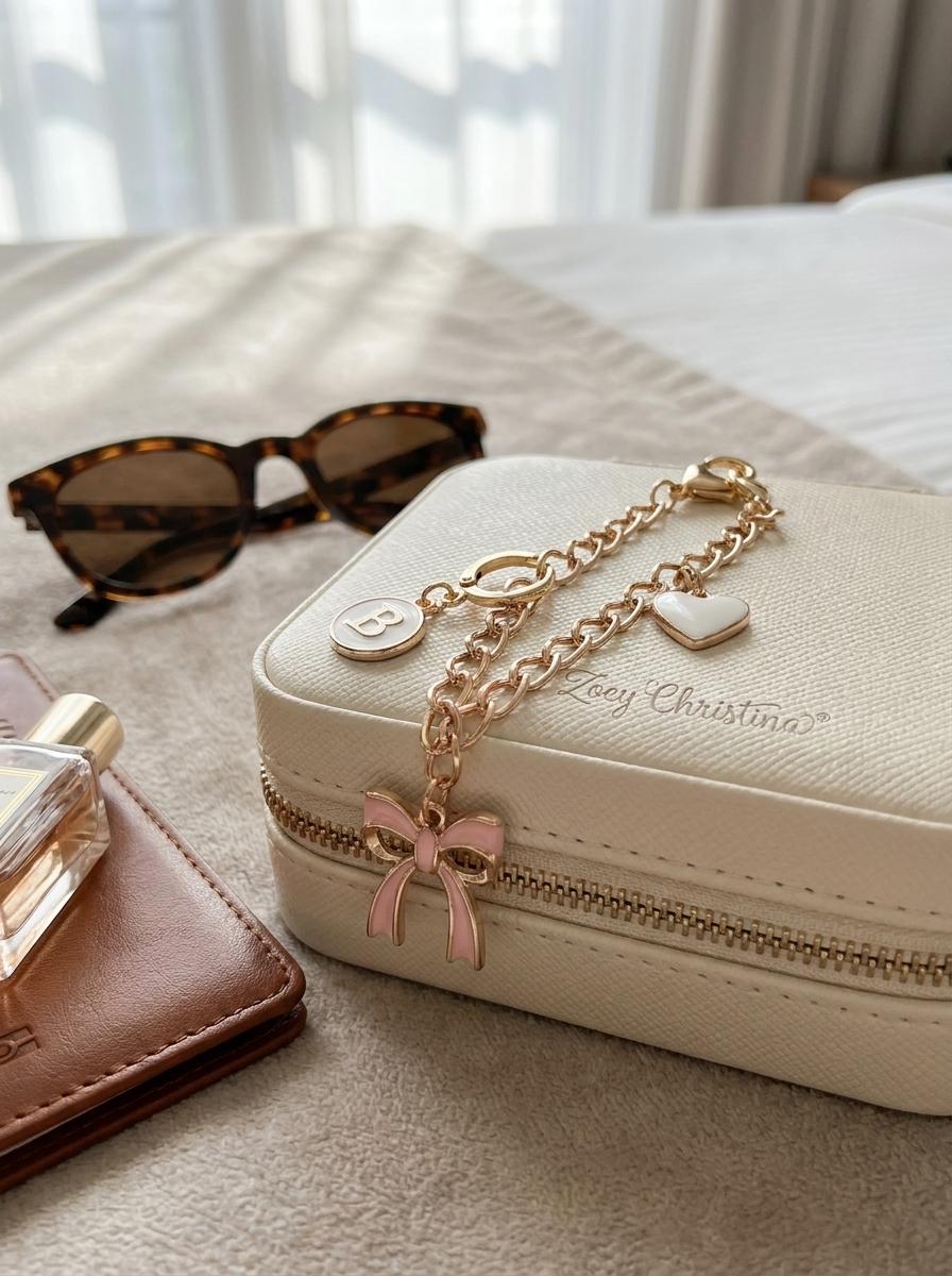Pink Bow Initial Bag Charm, Gold-Tone Clip-On Personalized Keychain With Heart Accent