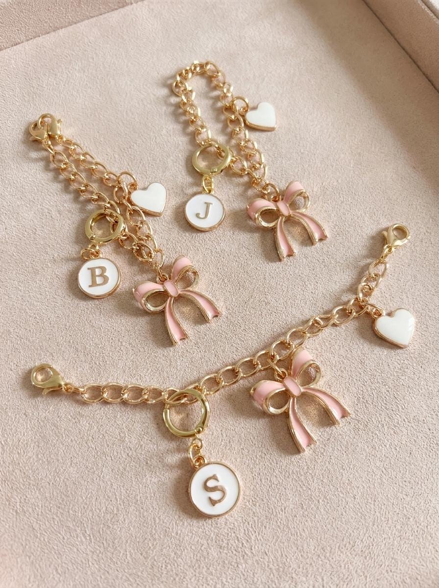 Pink Bow Initial Bag Charm, Gold-Tone Clip-On Personalized Keychain With Heart Accent